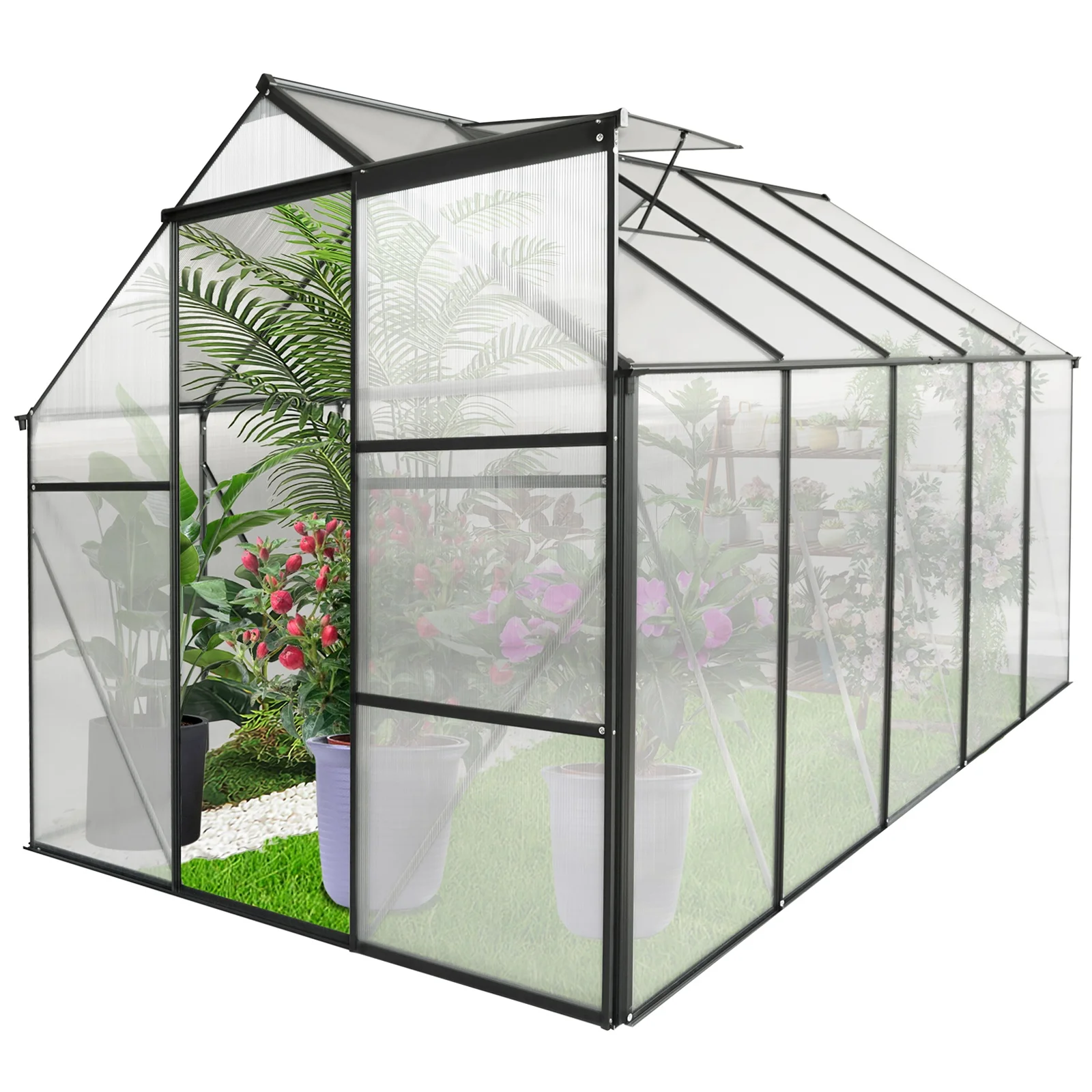 

6*10 FT Heavy Duty Polycarbonate Greenhouse Aluminum Anchor Walk-in Greenhouses For Outdoor Backyard Metal Frame Nature Pressure