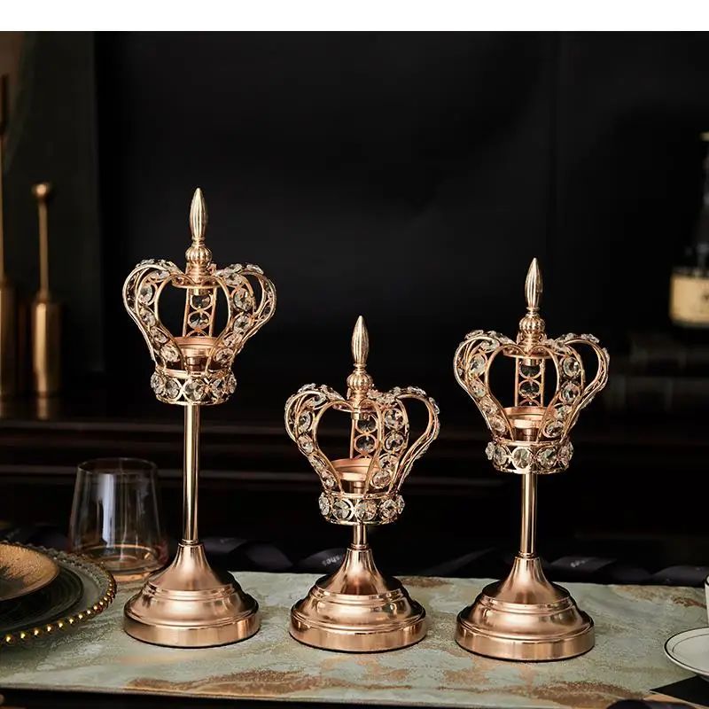 

Vintage Metal Candle Holder Crown Glass Crystal Golden Modern Home Desktop Decoration Crafts Ornaments