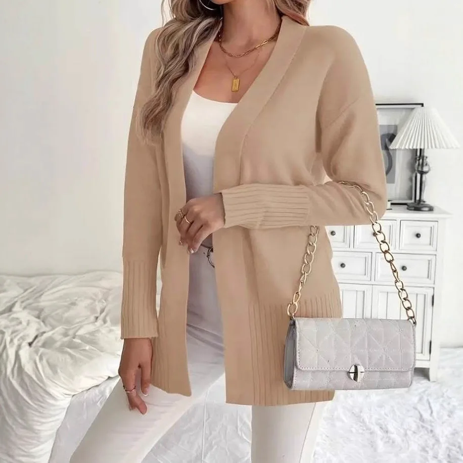 Large Size Women's Knitted Cardigan Casual Simple Design with Pockets Shoulder Wrap Sweater Thick Polyester Fiber Dyed Process