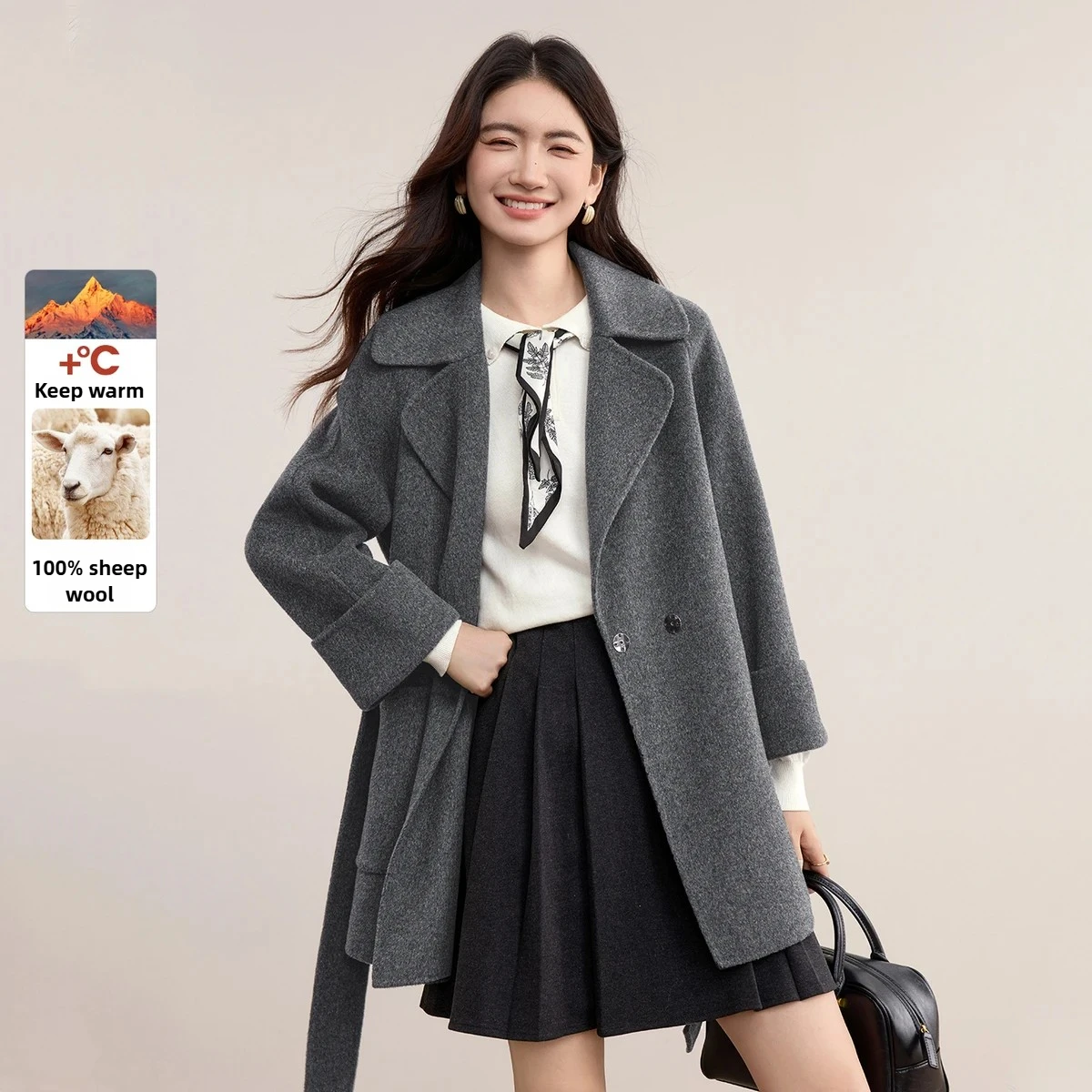 

SENTUBILA Women's 100% Wool Double Faced Coat 2025 Winter Removable Belt Straight Loose Versatile Elegant Overcoat W54OA3299X