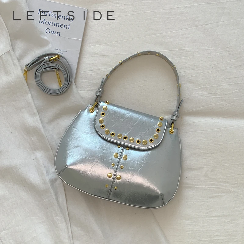 

Женская серебристая кожаная сумка через плечо с заклепками, модная, персонализированная, эстетичная, повседневная, уличная, кроссбоди, 2026, маленькие сумочки