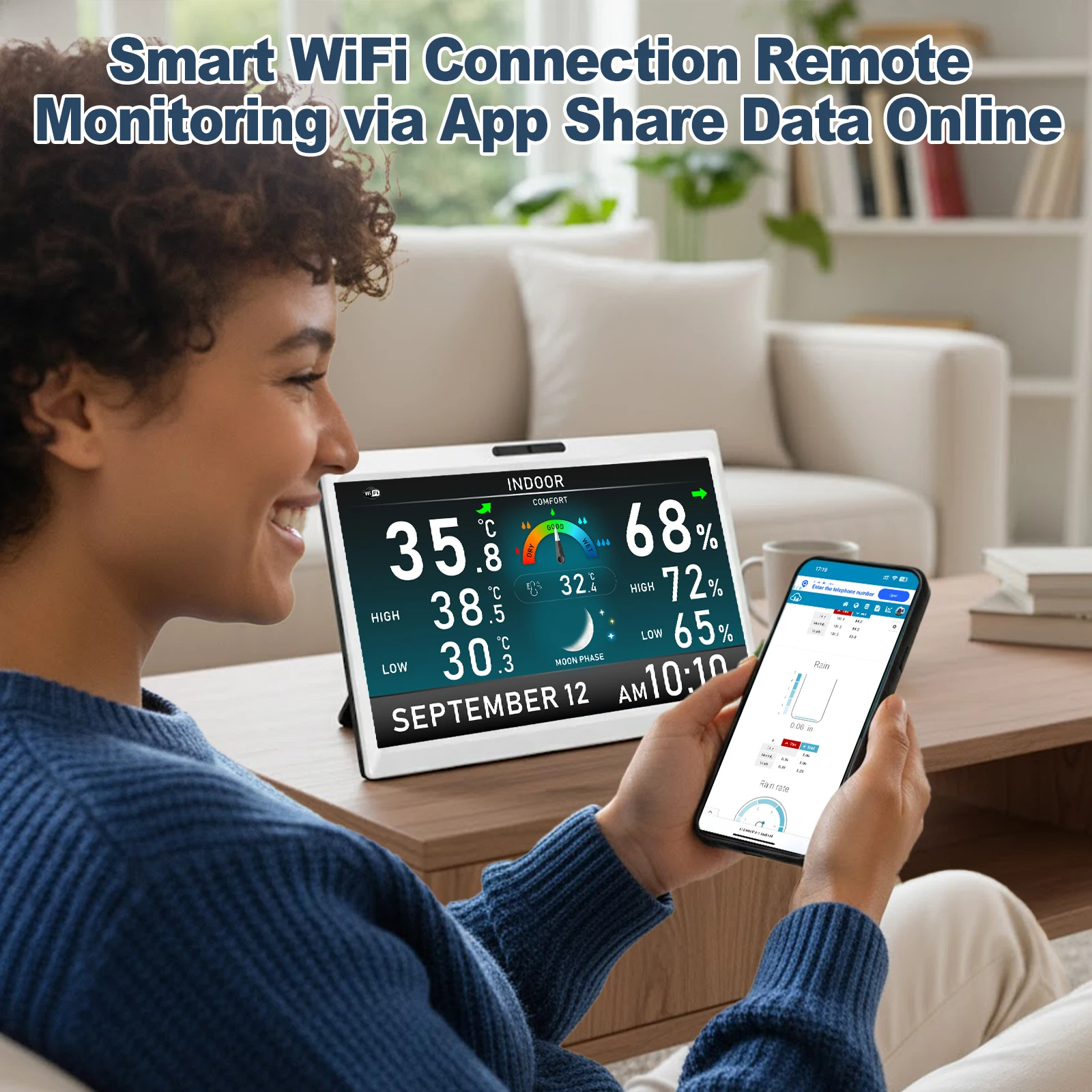 10.1 Inch HD TFT Display WiFi Weather Station with Solar 328ft Remote Sensor  Indoor/Outdoor Temp Humidity Wind Rain Gauge UV