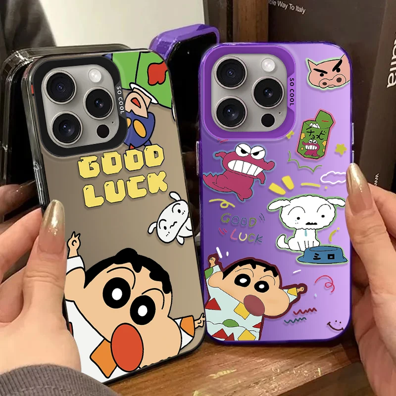 Plating Bumper Phone Case For iPhone 15 14 13 12 11 Pro Max Plus Mini XR XS X 7 8 Plus SE 2020 Lovely C-Crayon S-ShinChan Capa