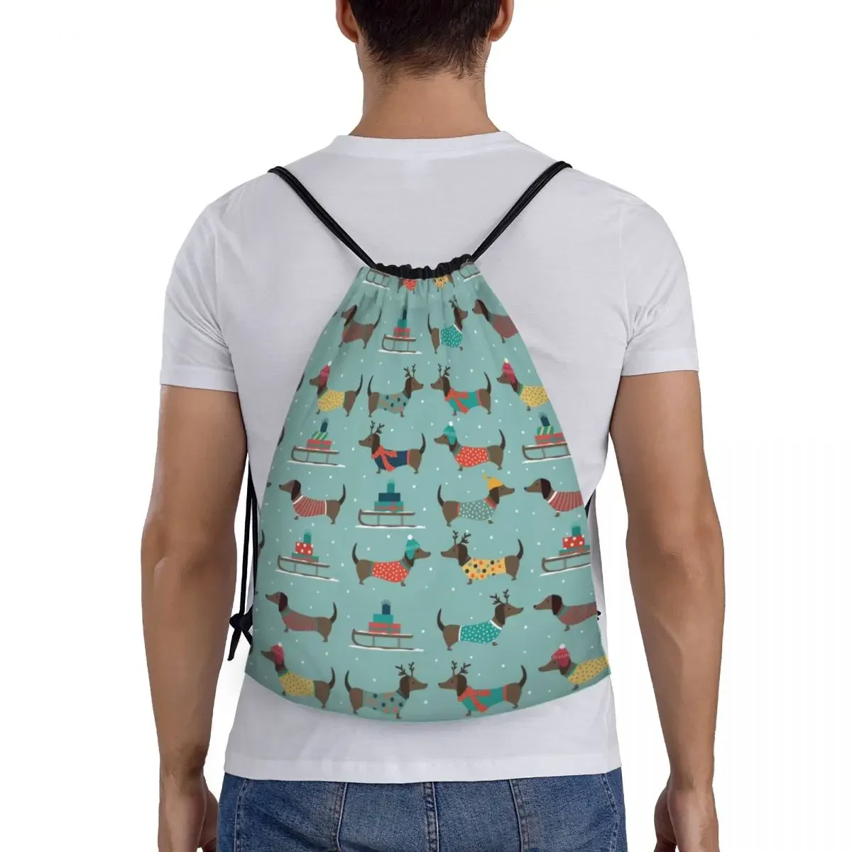 Natal Dachshund Dog Pattern Drawstring Backpack, Sports Gym Bag para homens e mulheres, Funny Pet Sausage Training Sackpack