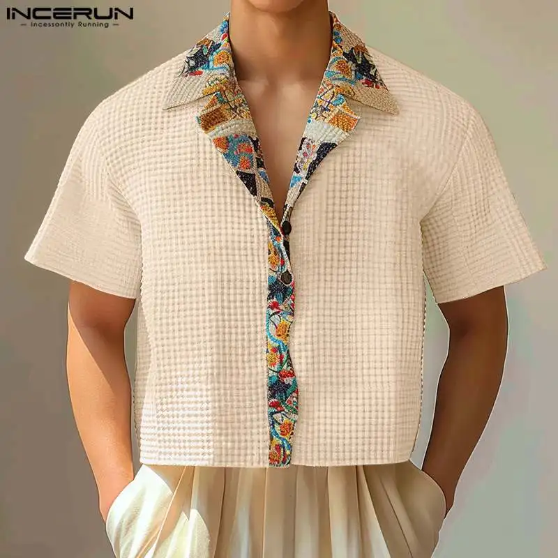 INCERUN Men Shirt Printing Patchwork Lapel Short Sleeve Summer Casual Men Clothing Streetwear 2024 Fashion Male Crop Tops S-5XL