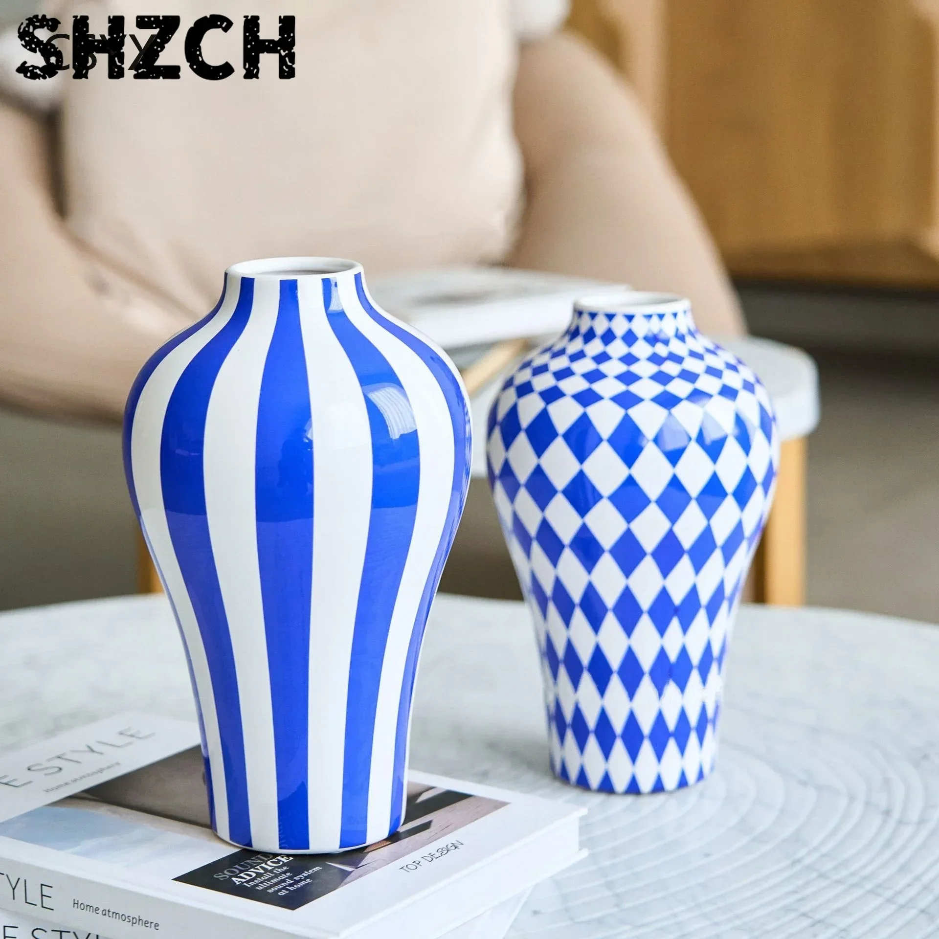 Ceramic Vase Blue Geometric Quilted Pattern Polka Dots Flower Arrangement Accessories Ceramic Crafts Home Decoration