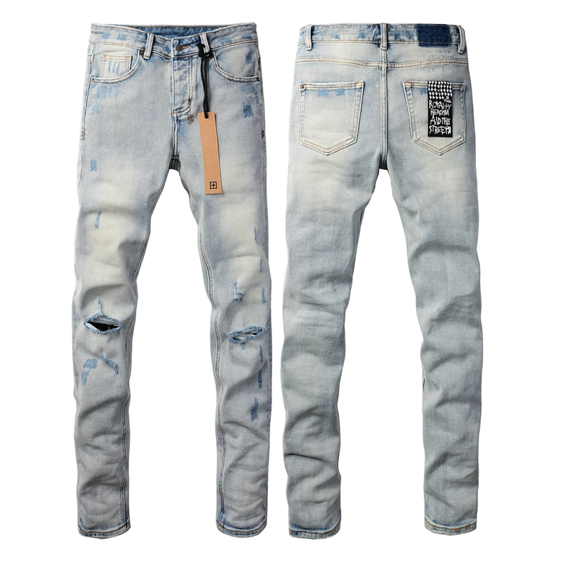 24FW KSUBI High Street Fashion Brand Light Blue Washed White Ripped Jeans American Men's Street Wear Stretch Slim Low-rise Jeans