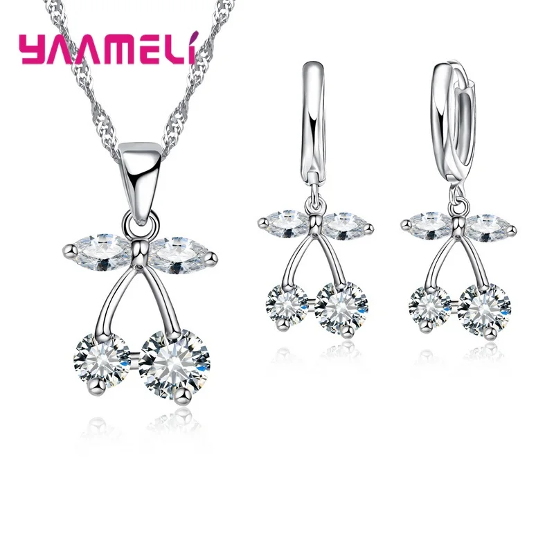 Vintage Real Pure 925 Sterling Silver Gift Jewelry Sets for Women Female Shiny Cubic Zircon Pendant Necklace Huggie Earrings