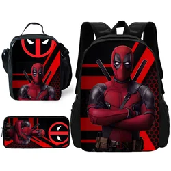 Deadpools Super Heroes Mochila Escolar, Lunch Bags, Lápis Sacos, Meninos e Meninas, Melhor Presente, 3 Pcs por Conjunto