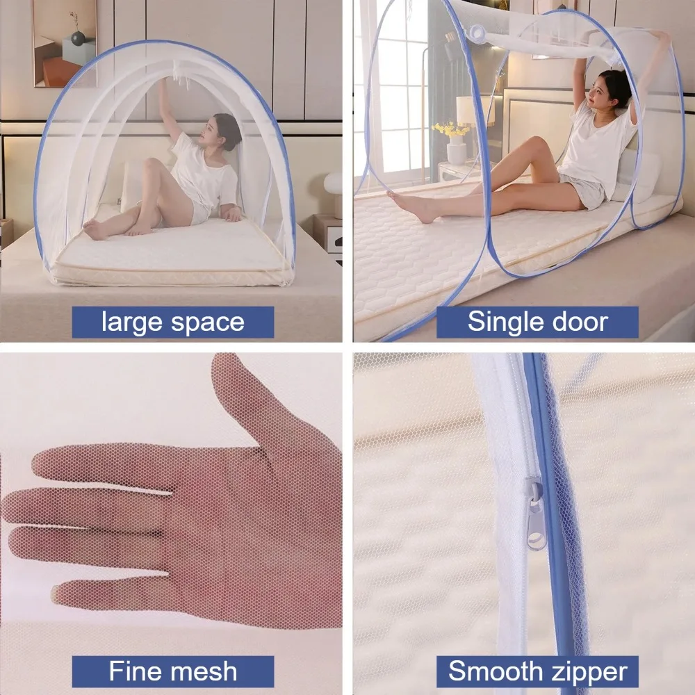 1PC Mosquito Net Tent for Single Bed Double Bed, Foldable Mesh Canopy Breathable Square Top with Zippered Doors Home Accessories