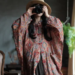 Autumn 2024 Original Ramie Printed Plus Size Jacket Femme Big Shirt Women Vintage Style Loose Version Single Breasted Long Coat