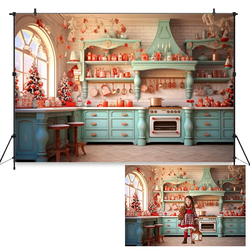 Christmas Kitchen Photo Background Family Xmas Tree Cake Wood wall Backdrop For Photography Kid Baby Portrait Decor Studio Props