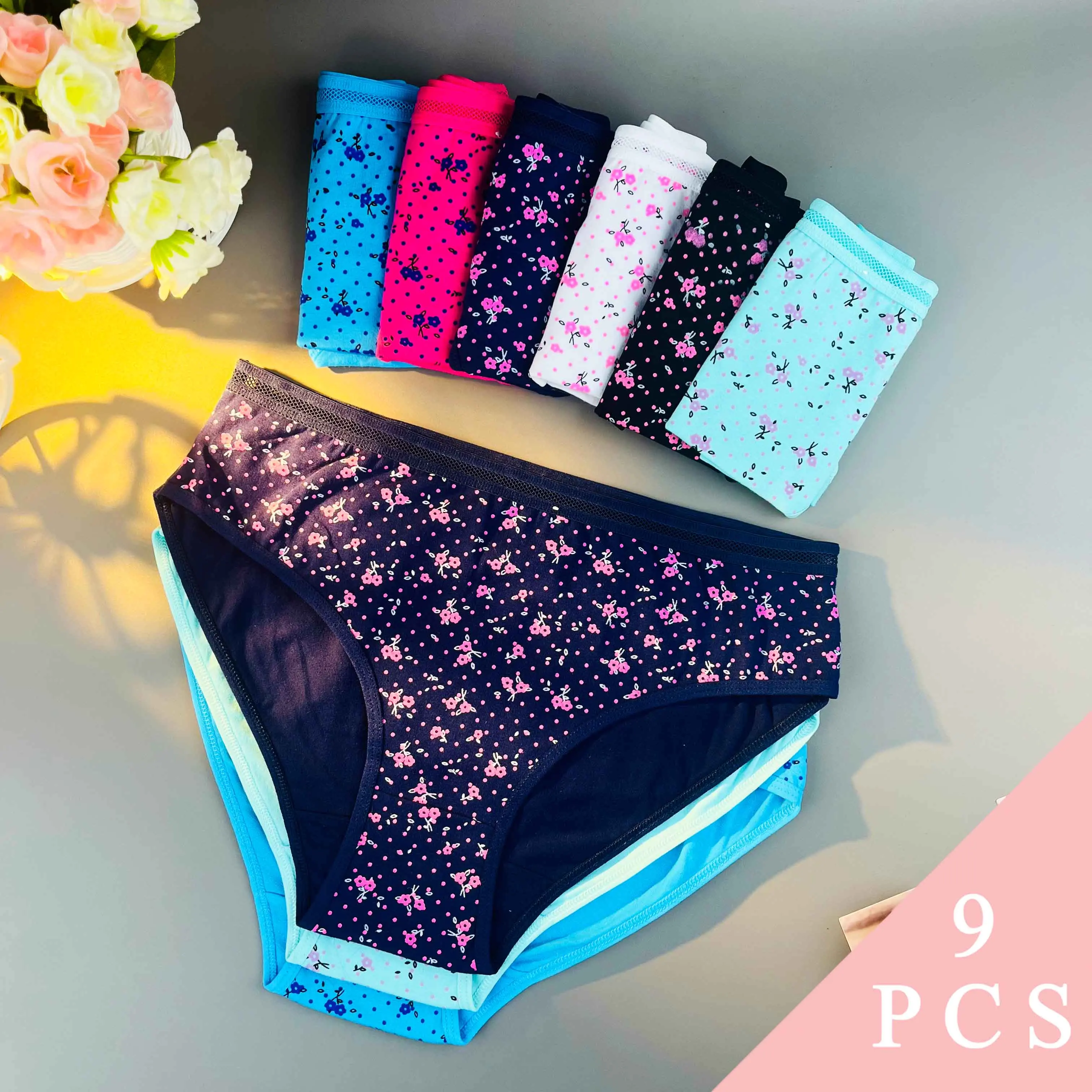 

[9 шт. женские трусики с цветочным принтом] Удобное и дышащее треугольное нижнее белье, разные цвета — мягкое и удобное нижнее белье