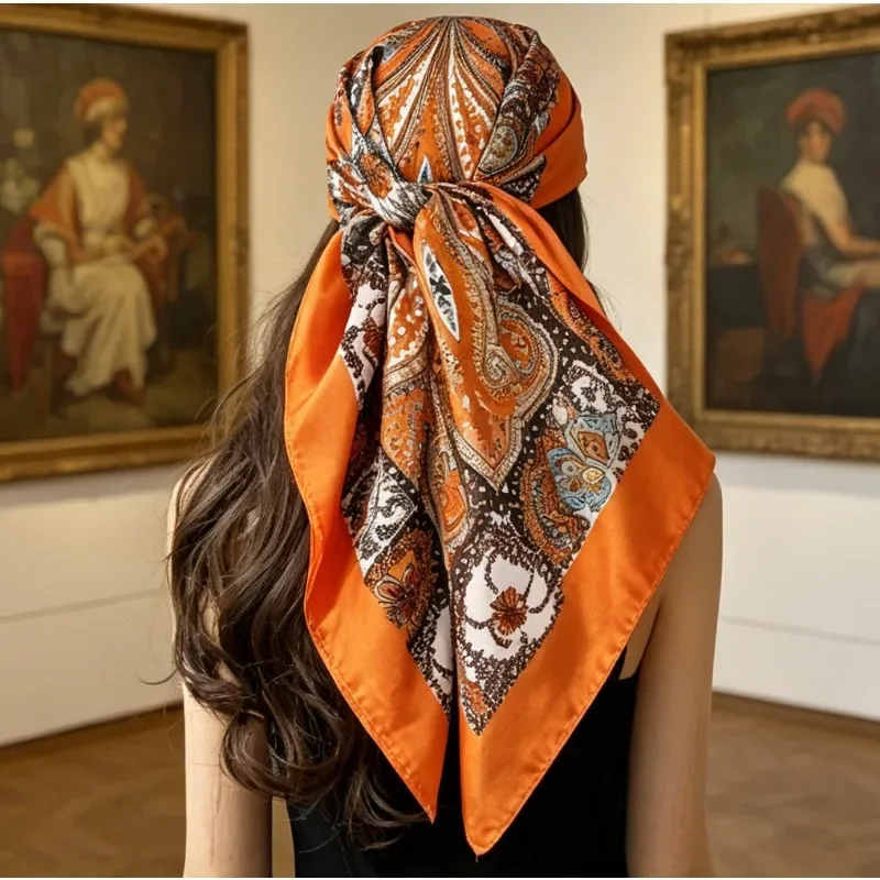 Classic Cashew Pattern Imitation Silk Square Scarf European American Trend Versatile Womens Head Bag Scarf