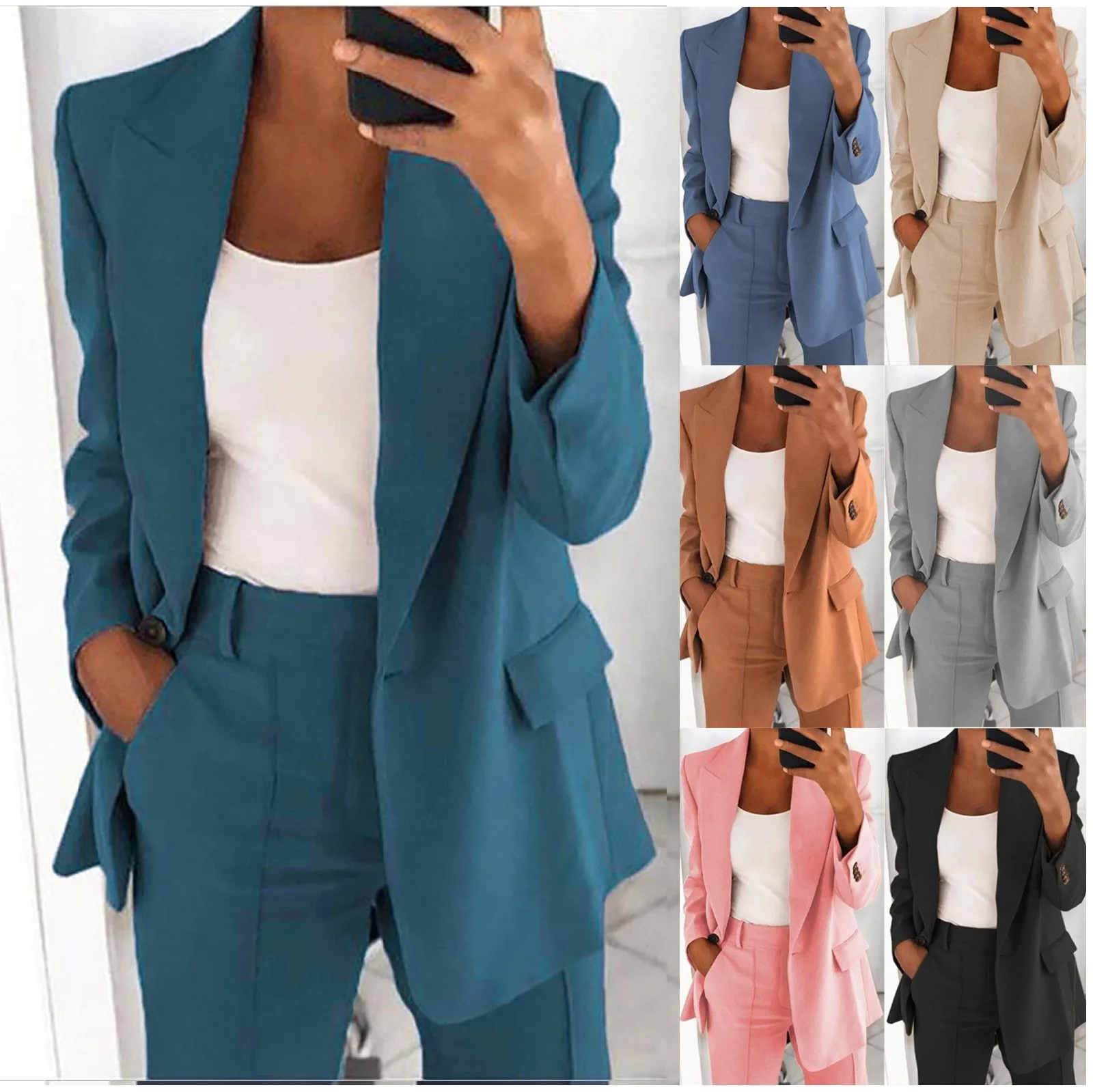 Women\'S Spring Autumn Office Elegant Jacket Women Suit Jacket Solid Color Turndown Collar Long Sleeve Buttons Blazer Outerwear