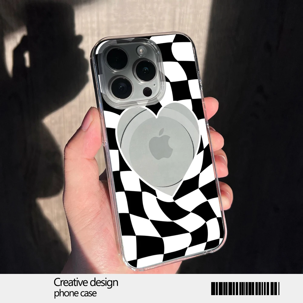 Black White Checkered Twisted Heart Pattern Phone Case for iPhone 12 11 13 14 15 16 Max Pro Plus Magsafe Magnetic Wireless Cover