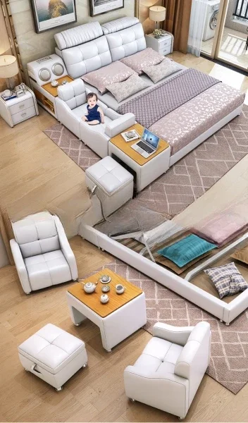 Genuine Leather Bed Multifunctional Tech Smart Beds Ultimate Camas Upholstered Bed with Bluetooth,Speaker