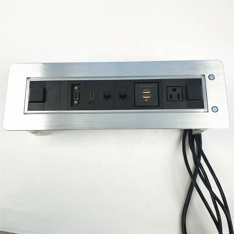 All Aluminum Alloy US Power Outlet Conference Automatic Rotary Tabletop Data Socket / Electric Flip Up Desktop Connection Socket