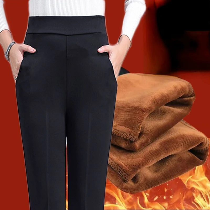 

Winter Middle Aged Women Thicken Velvet Pants Casual Elastic High Waist Straight Pants Lady Black Warm Trousers