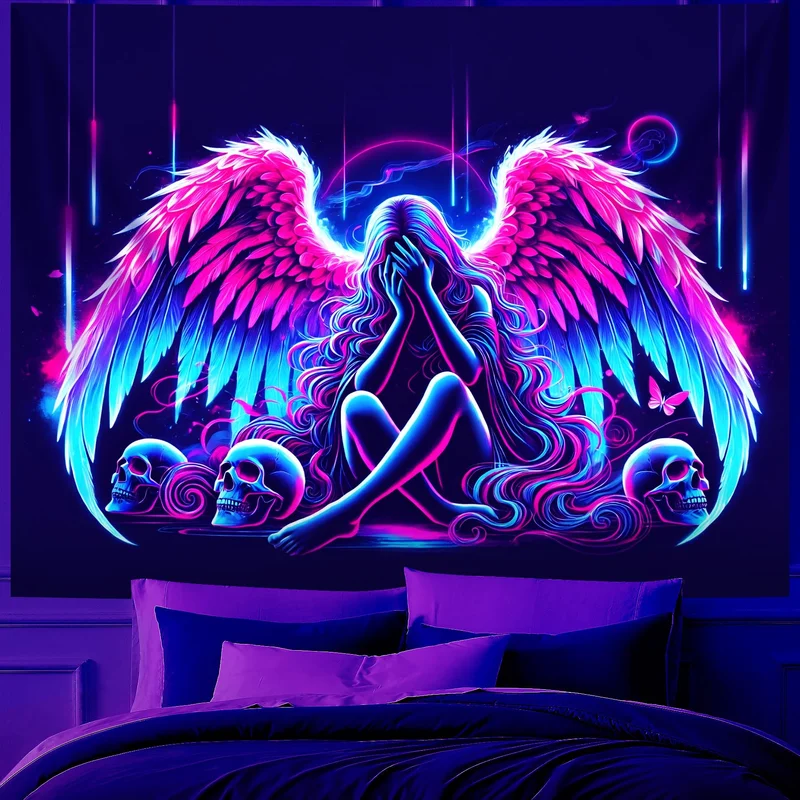 VIKAMA Neon UV Blacklight Winged Angel Girl Tapestry Pink Blue Gothic Skull Dark Art Wall Hanging Bedroom Dorm Decor Poster