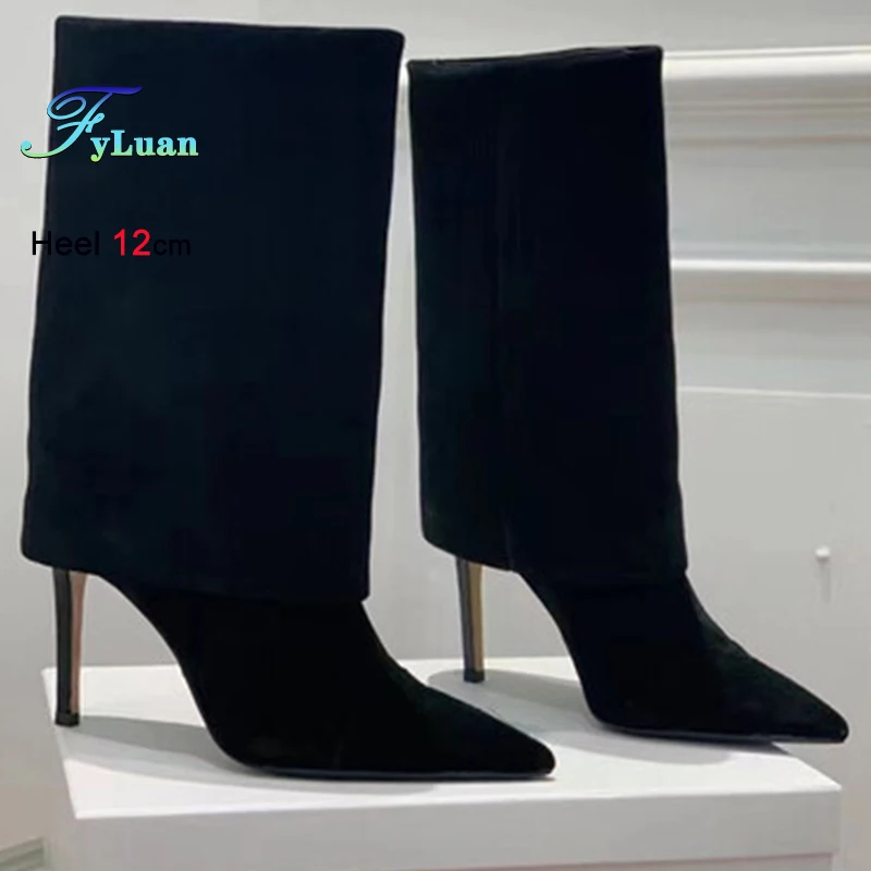 

2025 New Black Women's Fashion Boots Suede Pointed Toe Thin High Heels 12cm Stiletto Boots Folded Slip On Tall Boots Size 35-46