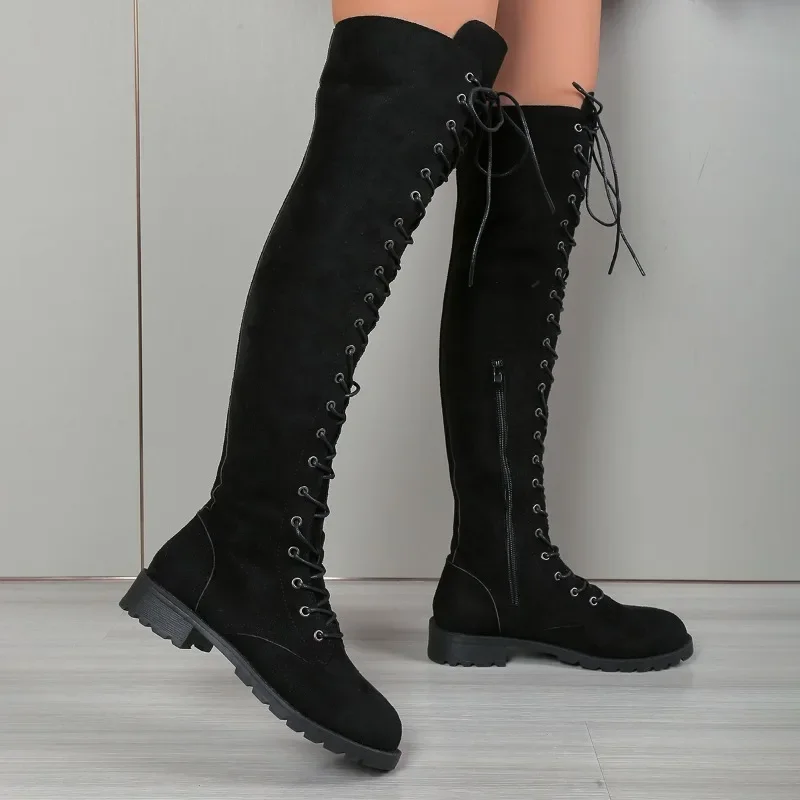 Shoes Female 2024 Over-the-Knee Women's Boots Brand Modern Boots Women Lace Up Round Toe Low Heel Side Zip Plus Size Shoes Women