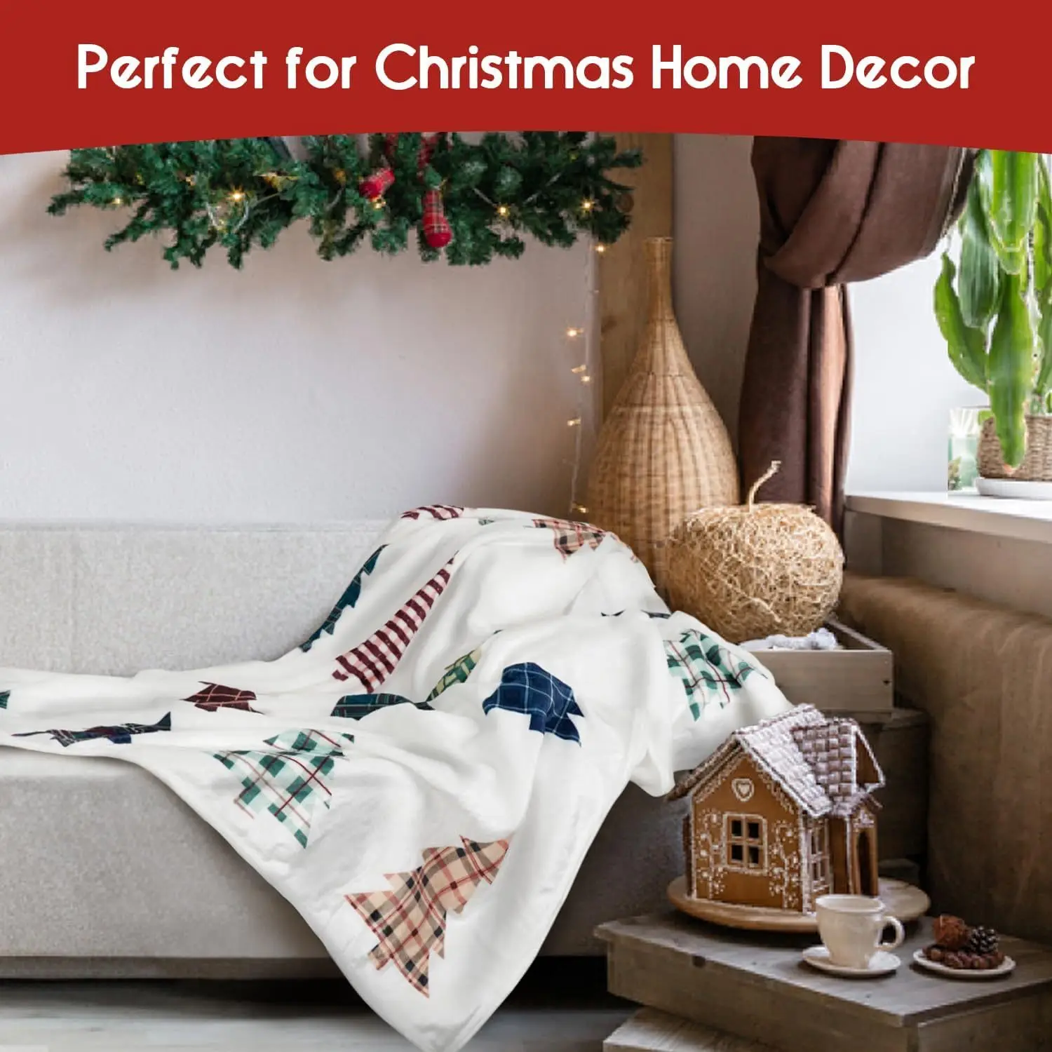 Christmas Throw Blanket, Plaid Merry Mas Tree Winter Holiday Festival Blanket Soft Flannel Fleece Throw for Chair Couch Decor