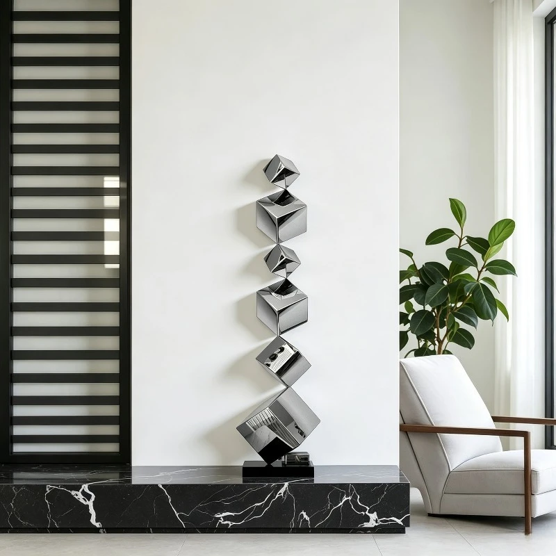 Modern Figures Stainless Steel Floor Sculpture Geometric Abstract Stacked Cube Statue Large Standing Living Room Home Decoration