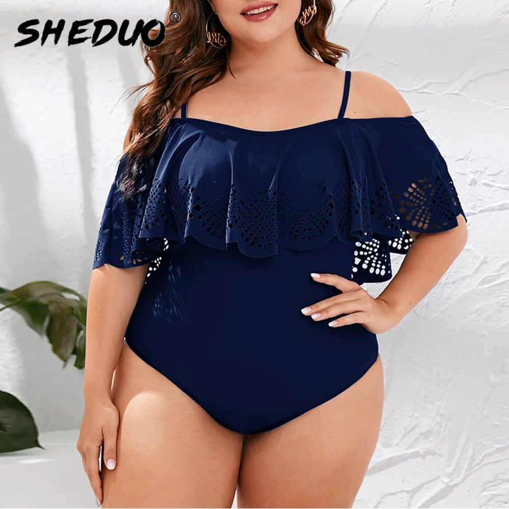 2021 New Sexy Off The Shoulder Solid Swimwear Women One Piece Swimsuit Female Bathing Suit Ruffle Monokini Swim Wear Push Up Set