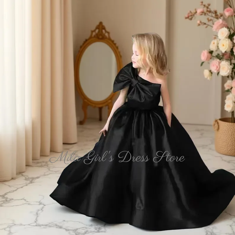 One Shoulder Satin Flower Girl Dress For Wedding 2026 Pageant Dresses For Girls First Communion Dress With Big Bow Ball Gown