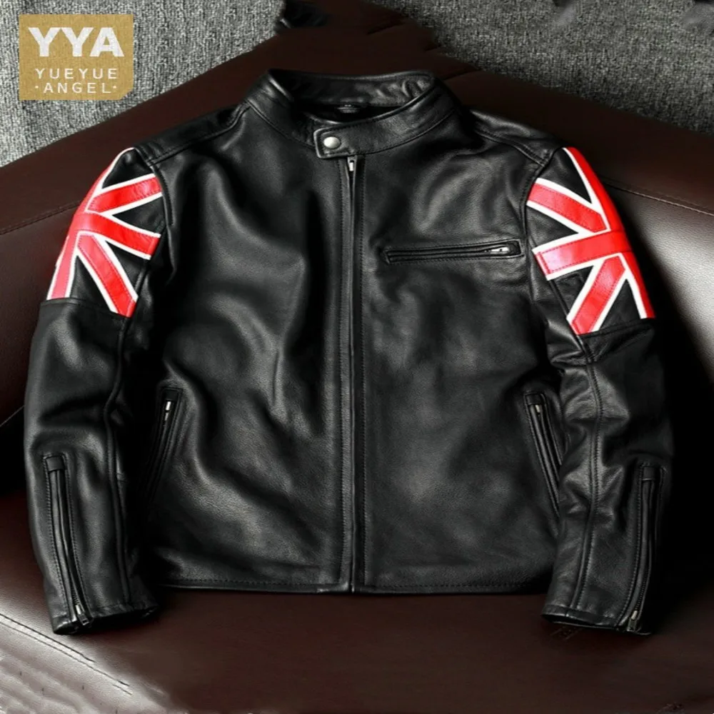 

Style British Stand Collar Black Motorcycle Jacket Men Genuine Leather Coat Zipper Slim Punk Cowhide Pilot Jackets Size S-4XL