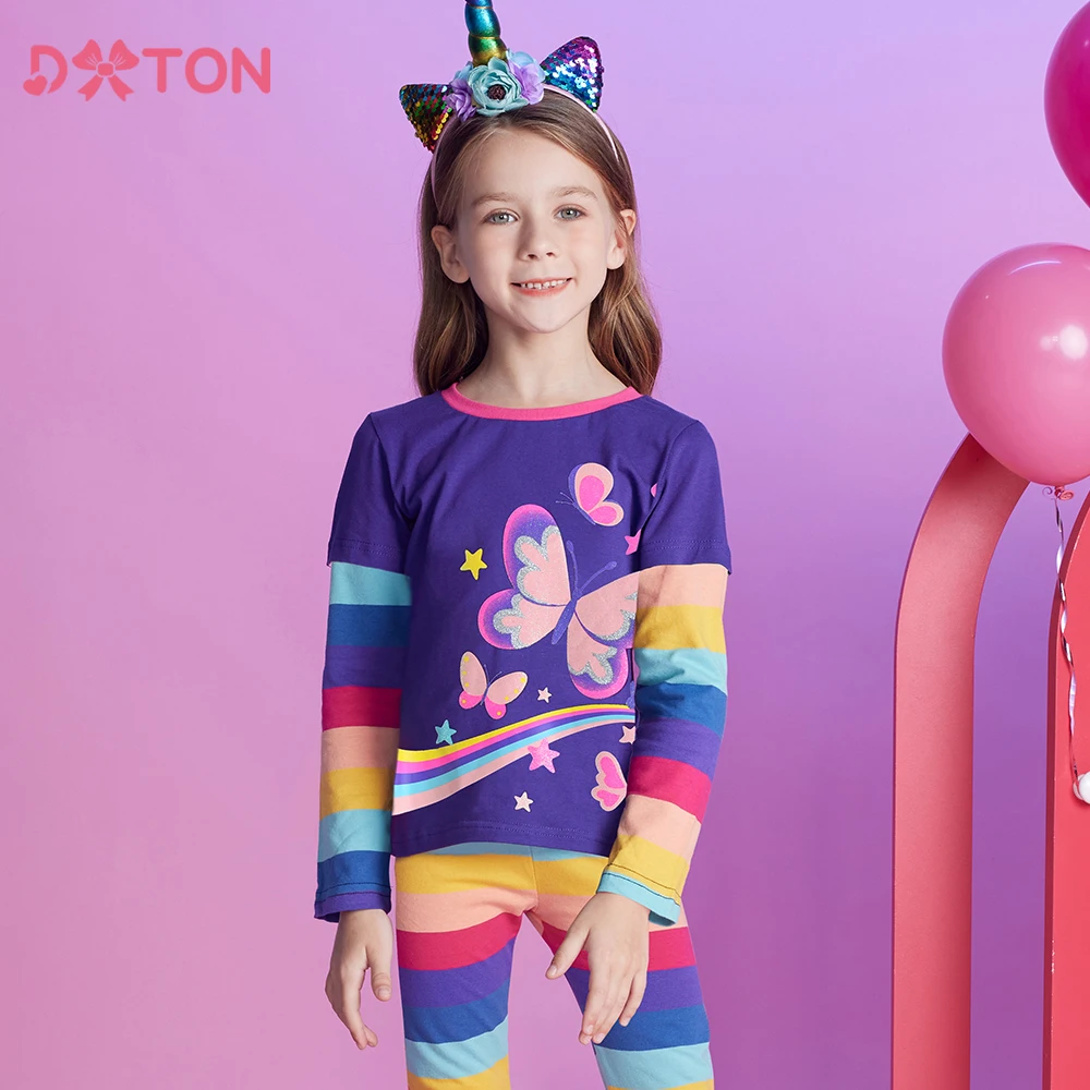 DXTON New Girls T-shirts Butterflies Children Clothes Colorful Rainbow Long Sleeve Cotton Kids Tops  Casual O-neck Toddler Wear