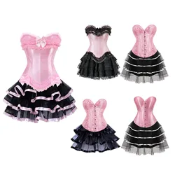 Corset Tutu Skirt Pink Jacquard Ruffle Trim Lace up Corset Sets Women Gothic Clothing Burlesque Underwear Victorian