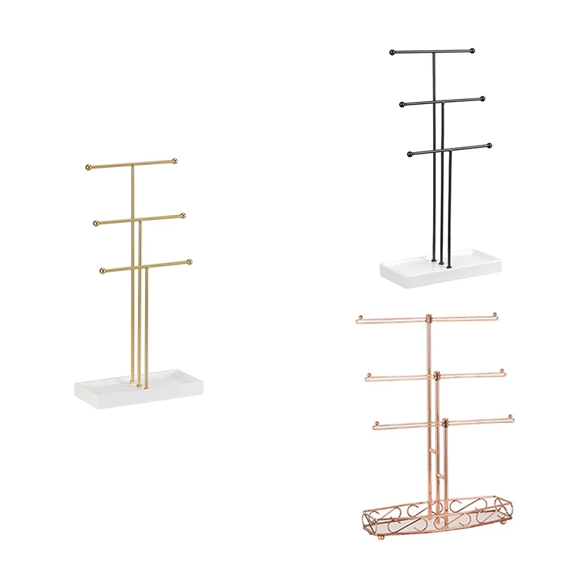 

3-слойная Т-образная полка для ювелирных изделий из розового золота, съемная основа из цельного дерева, коробка для хранения колец, серьги, ожерелья, кольца, шкатулка для драгоценностей, прочная