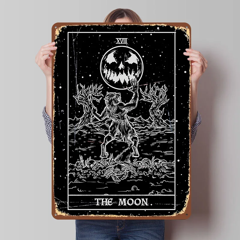 The Moon Tarot Card Shadow Tinplate Poster Customized Wall Art Vintage Metal Signs Retro Tin Plaque for Room Accessories House