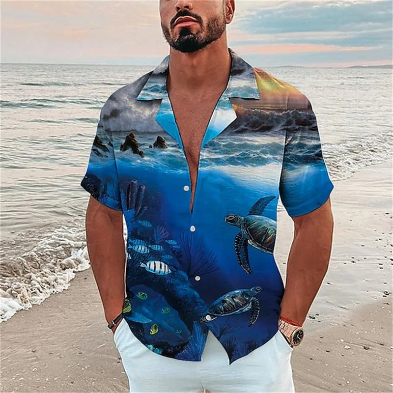 Men\'s Hawaiian Fish Print Shirts Men\'s Ocean Element Shirt Beach Vacation Casual Shirts Summer Breathable Short Sleeve Shirts