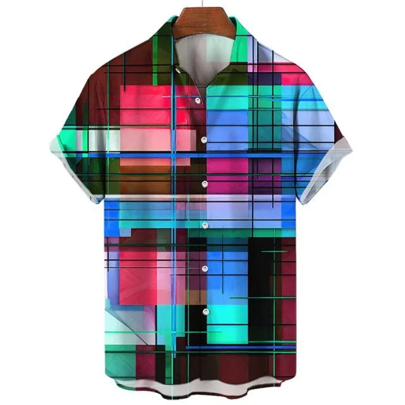 Men Colorful 3d Printed Plaid Shirt Hot Sale Causal Fashion Hawaiian Shirts Loose Short Sleeve Button Beach Blouse Male Clothing