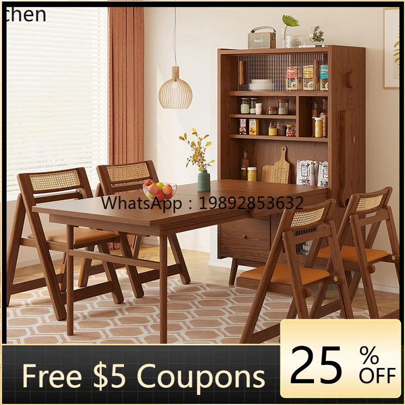 

HSN solid wood folding dining table bar table retractable storage side cabinet dining table integrated