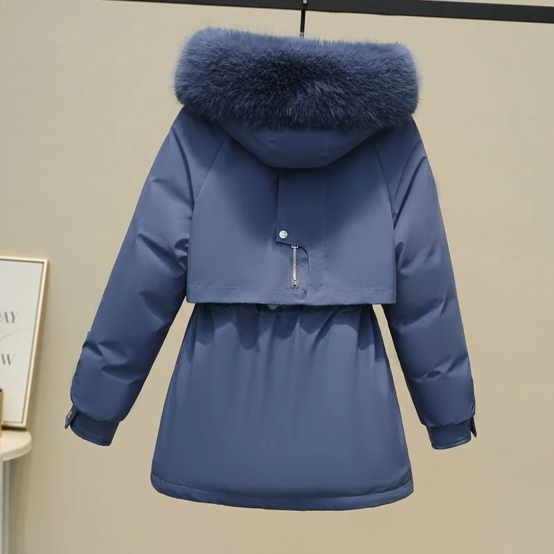 Abrigo grueso de longitud media con capucha para mujer, parka holgada con cuello de piel grande, ropa de nieve cálida para invierno, novedad de 2023