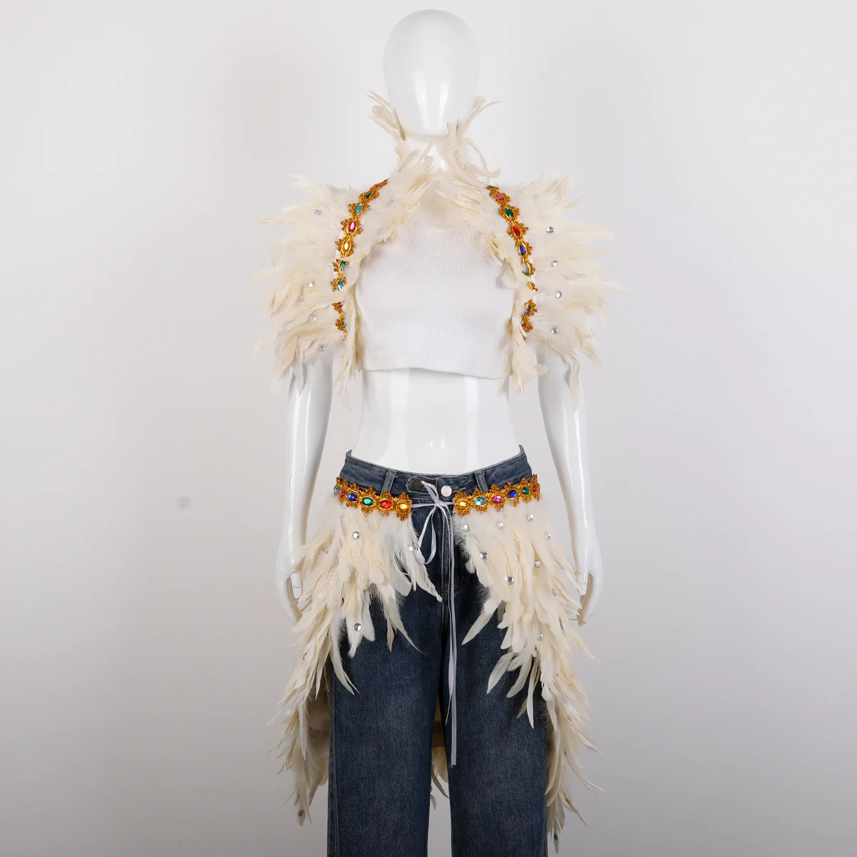 Women Carnival Feather Costume Set Faux Gem Decor Feather Shawl And Feather Skirt For Halloween Party Samba Parade Cosplay