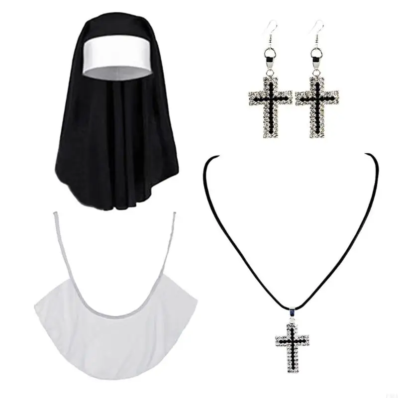 p88a 할로윈 수녀 의상 포함 헤드 피스 펜던트 목걸이 칼라 스타킹