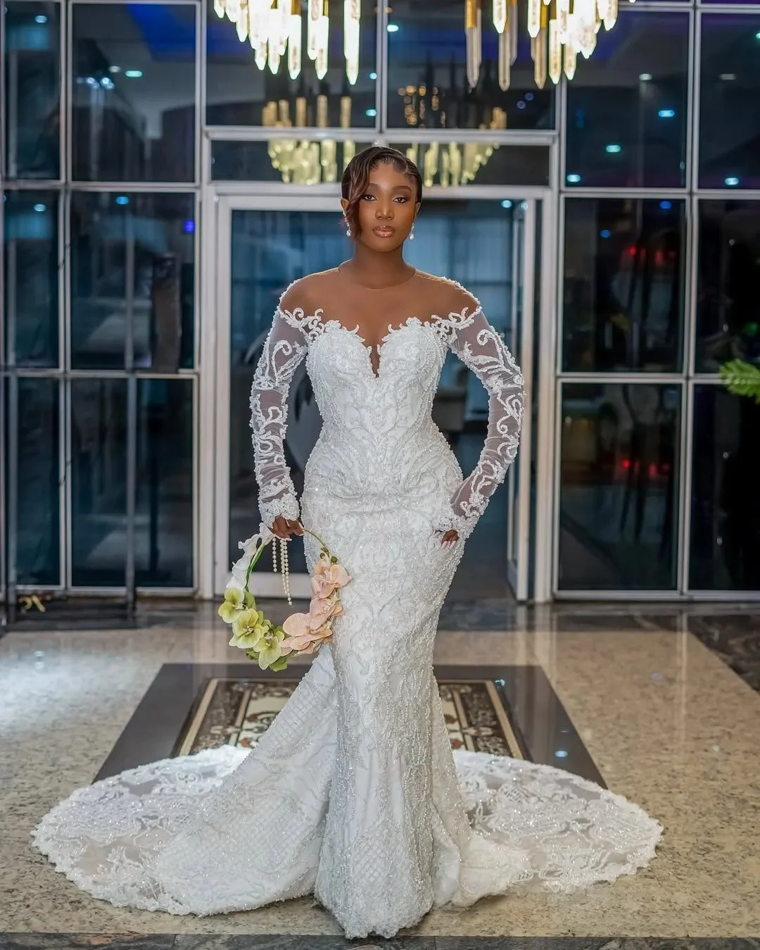 Personalizado plus size vestido de casamento africano vestidos de noiva para noiva sereia sheer neck mangas compridas ilusão appliqued frisado renda