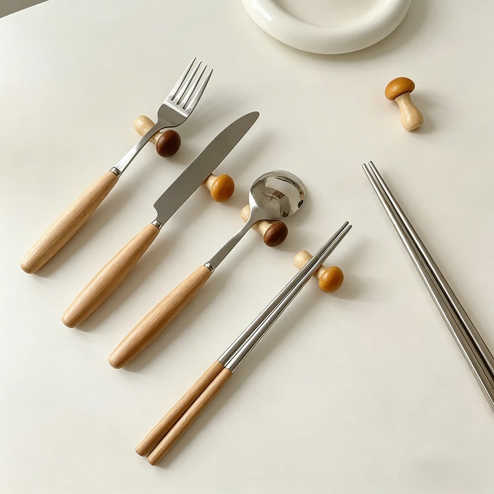 4 Pieces Mushroom Shaped Wooden Chopsticks Holder Dinner Spoon Stand Fork and Knife Holder Rest Storage Rack for Home Decoration - view 3