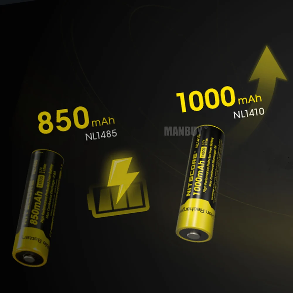 NITECORE NL1410 14500 Li-on Battery 1000mAh 3.7V 3.7Wh Protected Lithium Rechargeable Max 2A 500 Times Charge-discharge Cycles