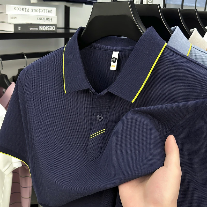 

Мужская рубашка поло с коротким рукавом, дышащая однотонная рубашка с лацканами и контрастной отделкой, летняя деловая повседневная футболка в офисном стиле, мужская одежда