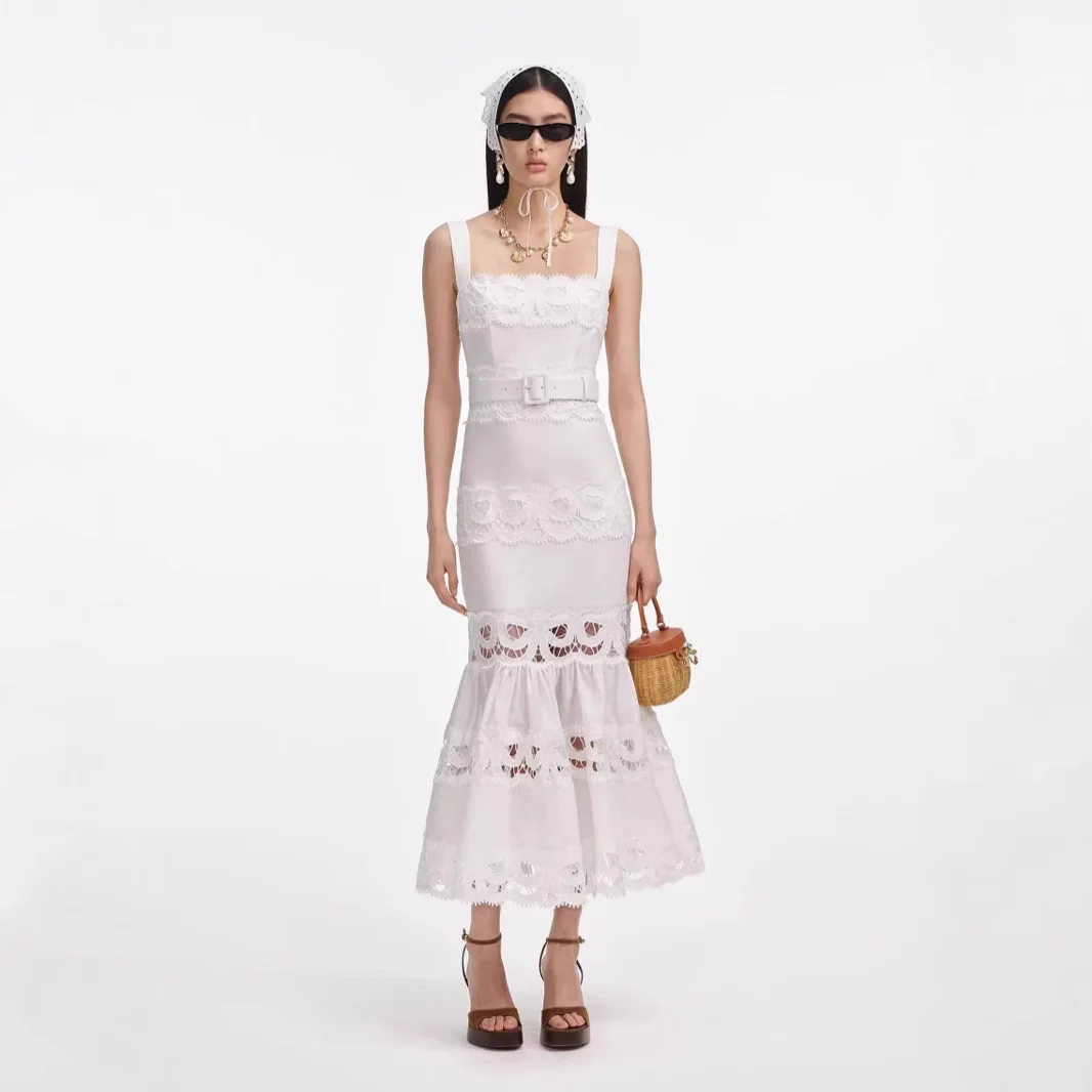 

New Summer Holiday Style French Style One-shoulder Hollow Fashion Waist Slimming Suspender Long Skirt Black Dress