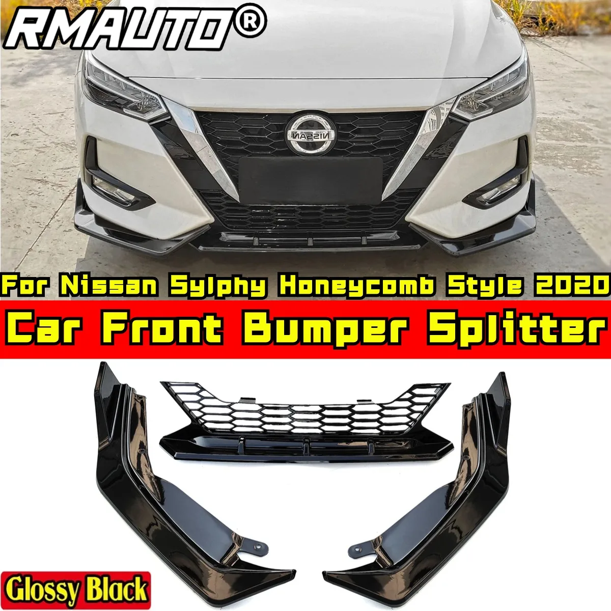 Sylphy Front Bumper Splitter Matte Black Honeycomb Style Bumper Guard Apron Diffuser For Nissan Sylphy 2020 Car Accessories