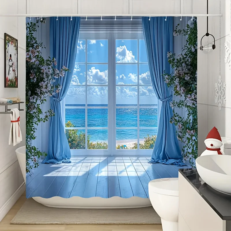Ocean View Shower Curtain 72x72 Blue Sky Sea Clouds Floral Window Scene Polyester Washable with Hooks