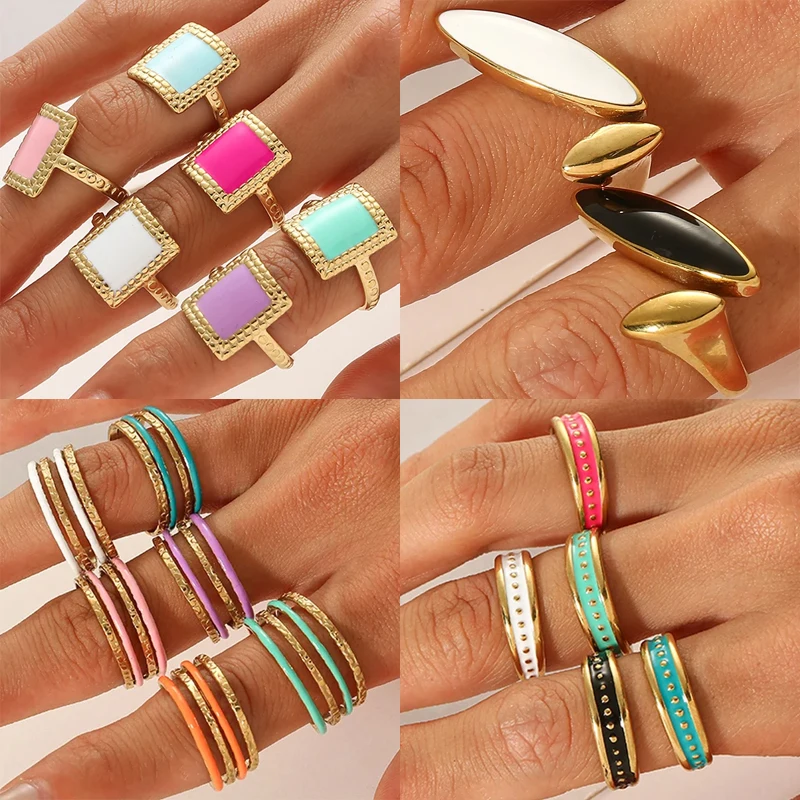 Kadınlar için Minimalist Boho emaye Hollow çok katmanlı açık yüzükler paslanmaz çelik geometrik kare geniş parmak yüzük takı hediyeler