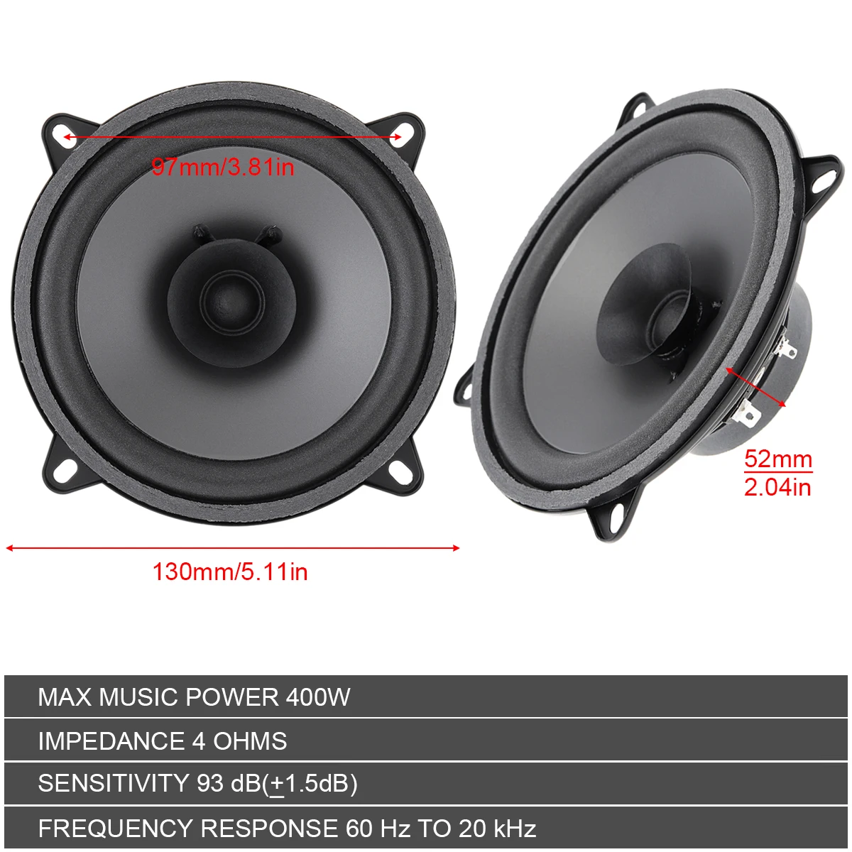 5 Inch 400W High Temperature Full Range Frequency Car Coaxial Speaker Dual Driver Acoustic Design